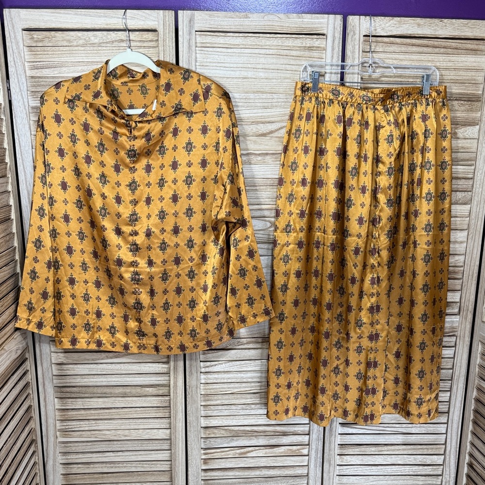 Jack Winter 2-Piece Long Sleeve Blouse & Skirt Gold Green Pink Size L-14 Vintage